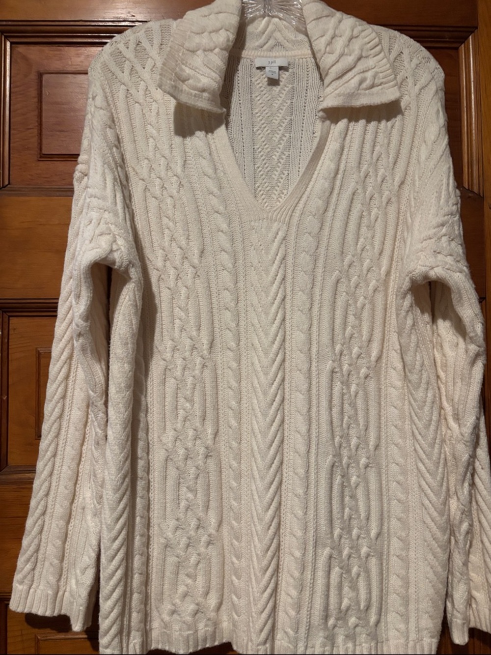 J. Jill Classic Cable V-Neck Sweater with Folded Collar - Cream